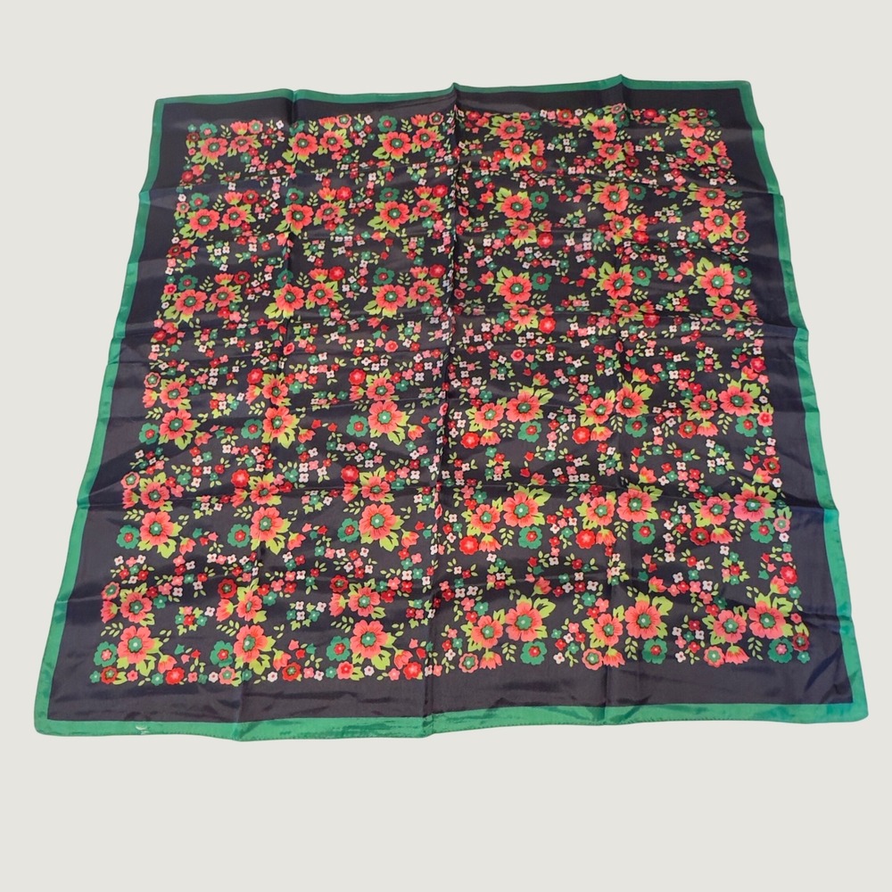 Vintage Floral Scarf Navy Blue Green Border Square 26x26 Retro Accessory